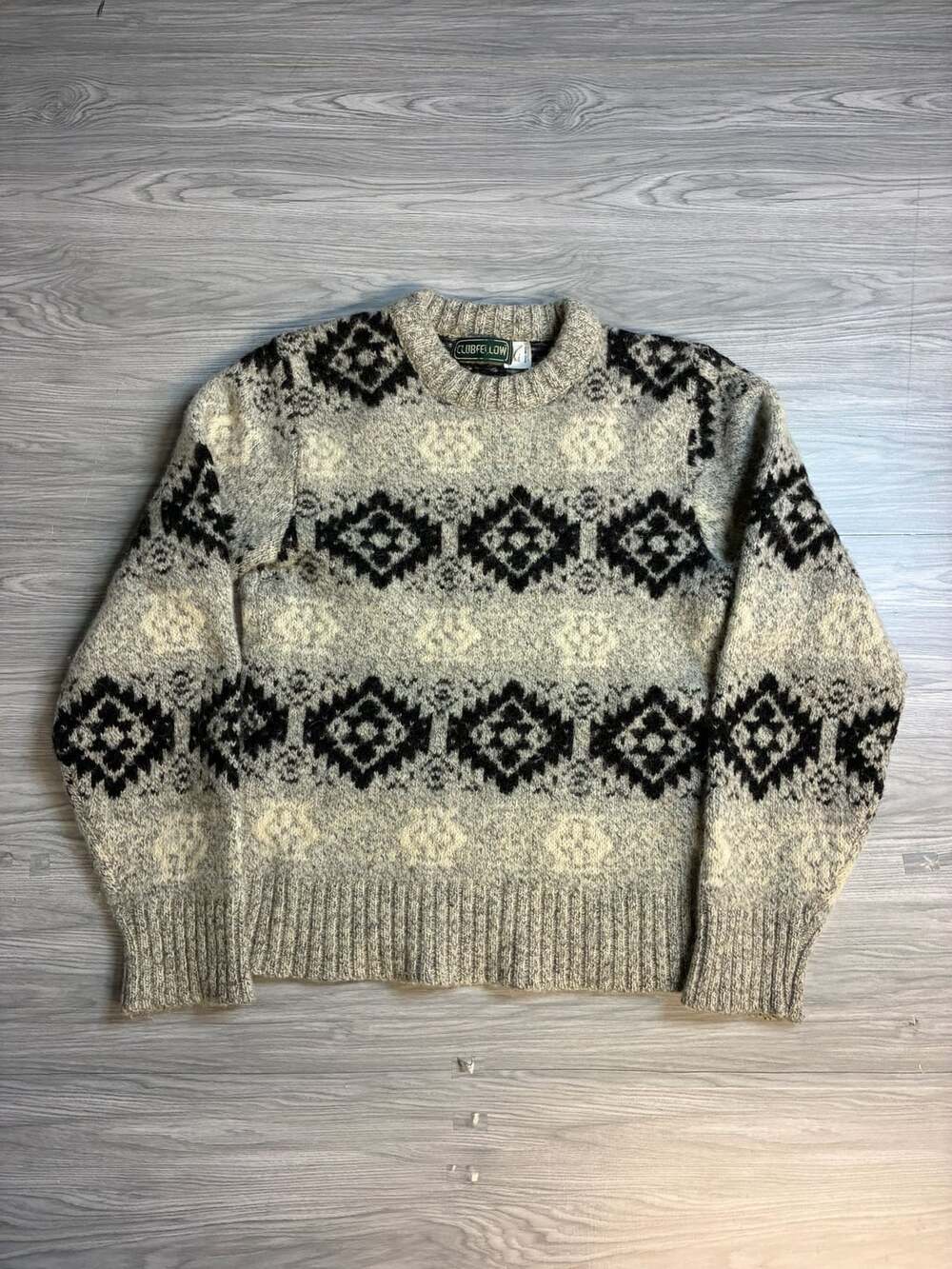 ClubFellow Fair Isle Wool Sweater Size Medium Grey Black Geometric Knit Pullover